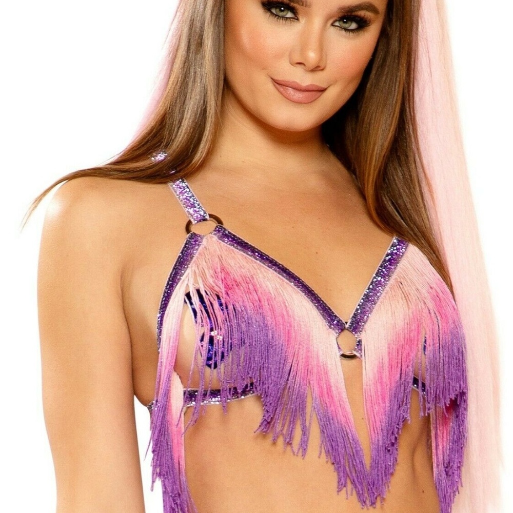 J Valentine FF274 Pink Purple Ombre Fringe Top NEW